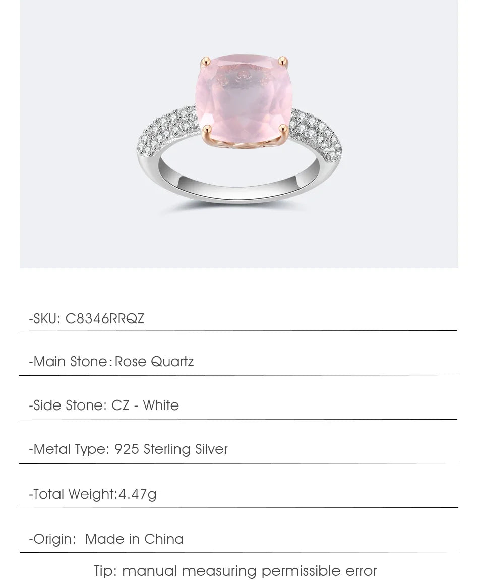 *10mm Cushion Natural Rose Quartz Statement Ring 925 Sterling Silver Gemstone Candy Rings For Women Fine Jewelry