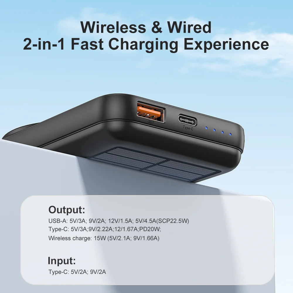 Solar Magnetic Power Bank Wireless& USB-C / USB Phone Char,ger w