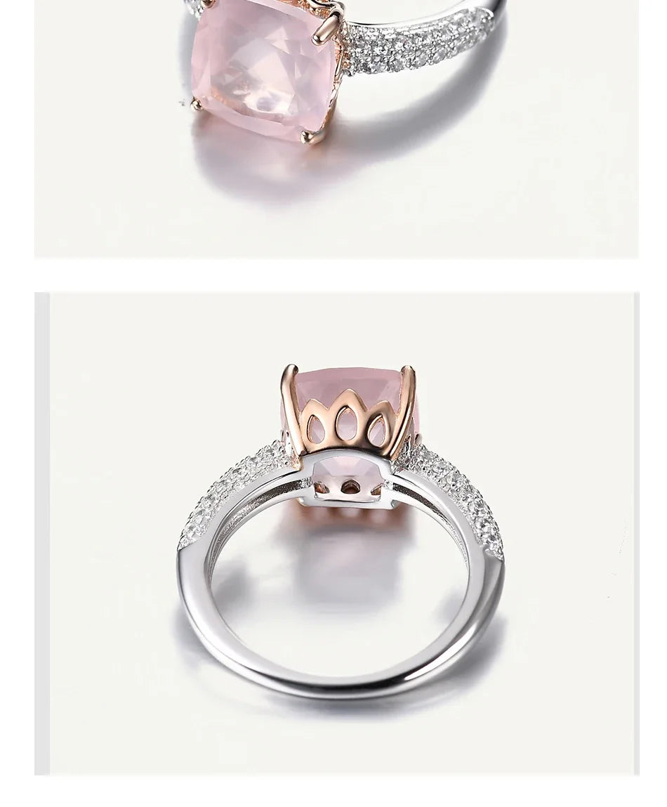 *10mm Cushion Natural Rose Quartz Statement Ring 925 Sterling Silver Gemstone Candy Rings For Women Fine Jewelry