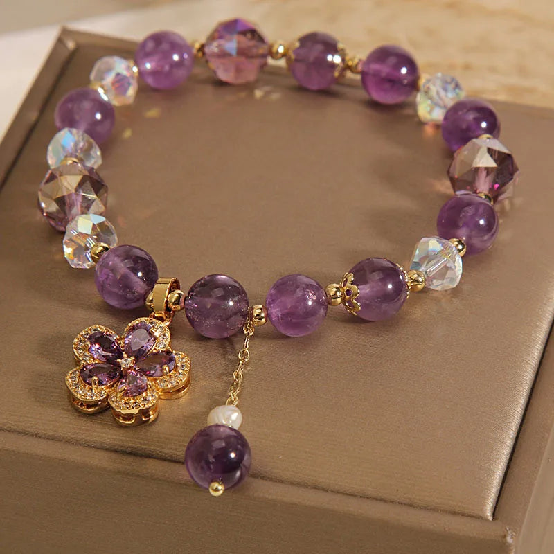 Natural Amethyst Bracelet for Women, Floral Boho Chic Crystal Beads Handmade Adjustable Student Gift, Minimalist Dainty Jewelry