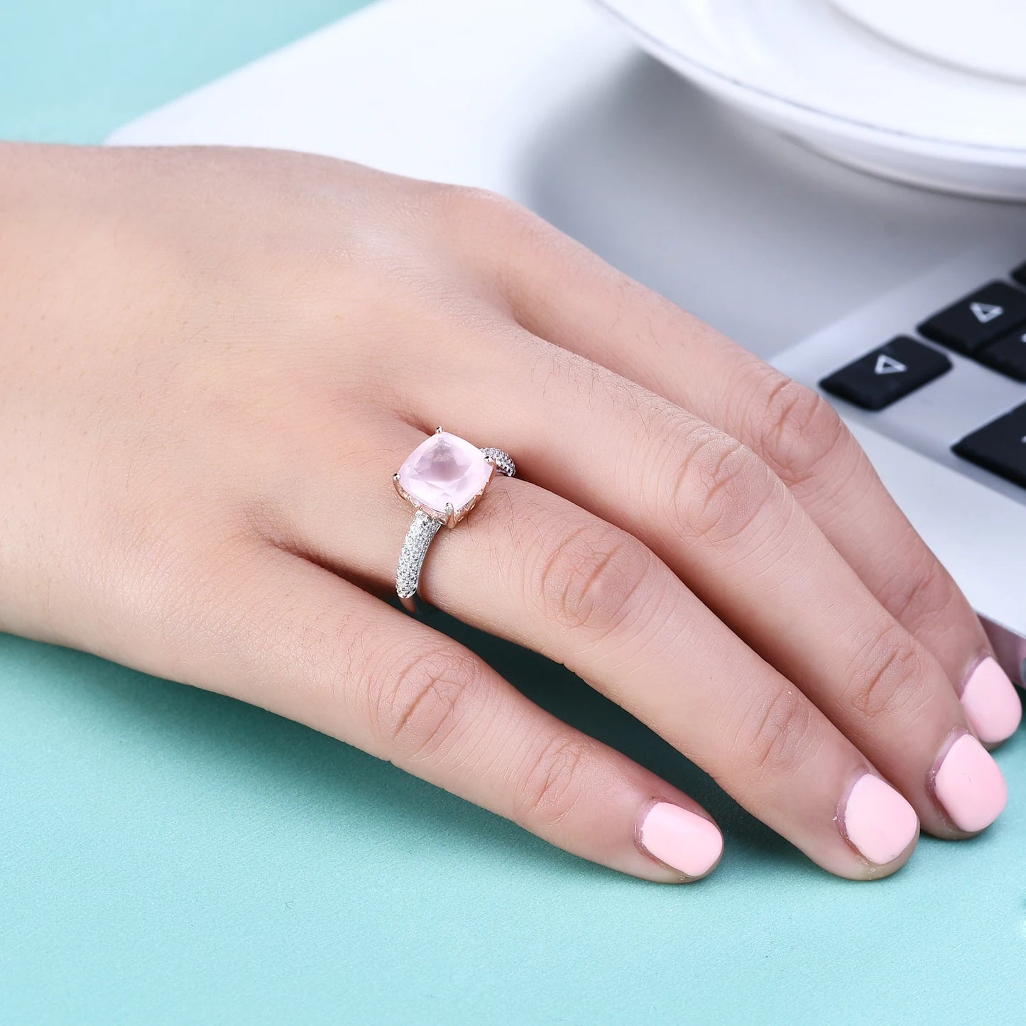 *10mm Cushion Natural Rose Quartz Statement Ring 925 Sterling Silver Gemstone Candy Rings For Women Fine Jewelry