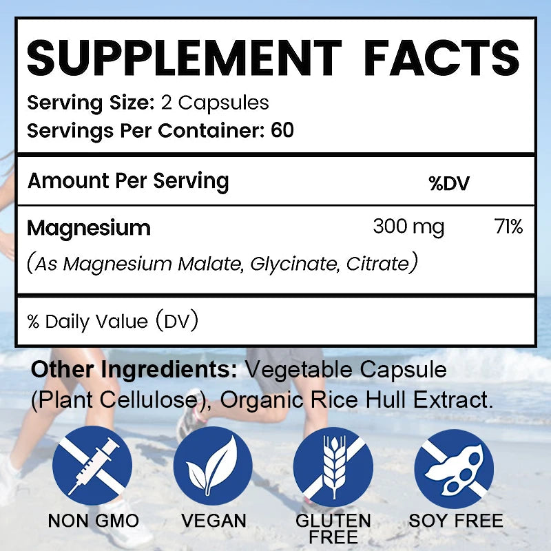 Magnesium Malate + Glycine + Magnesium Citrate 300 Mg, Supports Heart Health, Boosts Energy and Improves Mood
