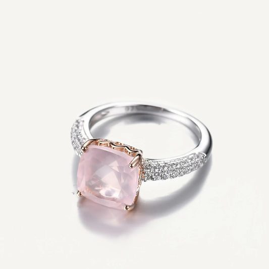 *10mm Cushion Natural Rose Quartz Statement Ring 925 Sterling Silver Gemstone Candy Rings For Women Fine Jewelry