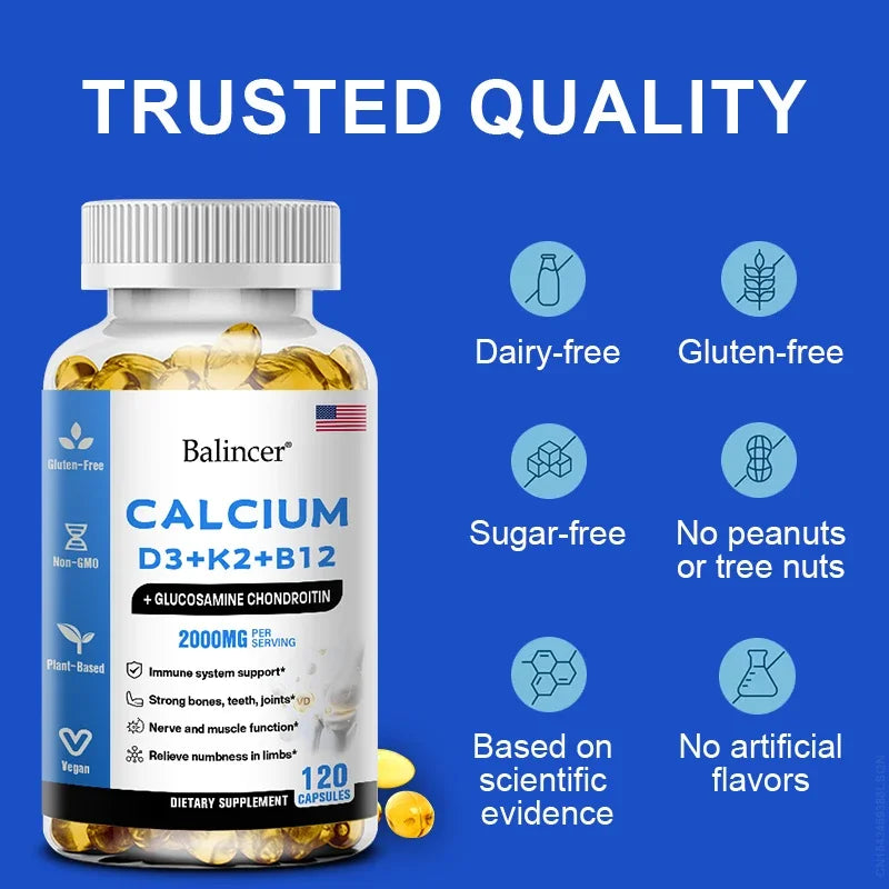 Calcium + D3 + K2 + B12 Capsules - Support Bone and Muscle Health, Replenish Joints