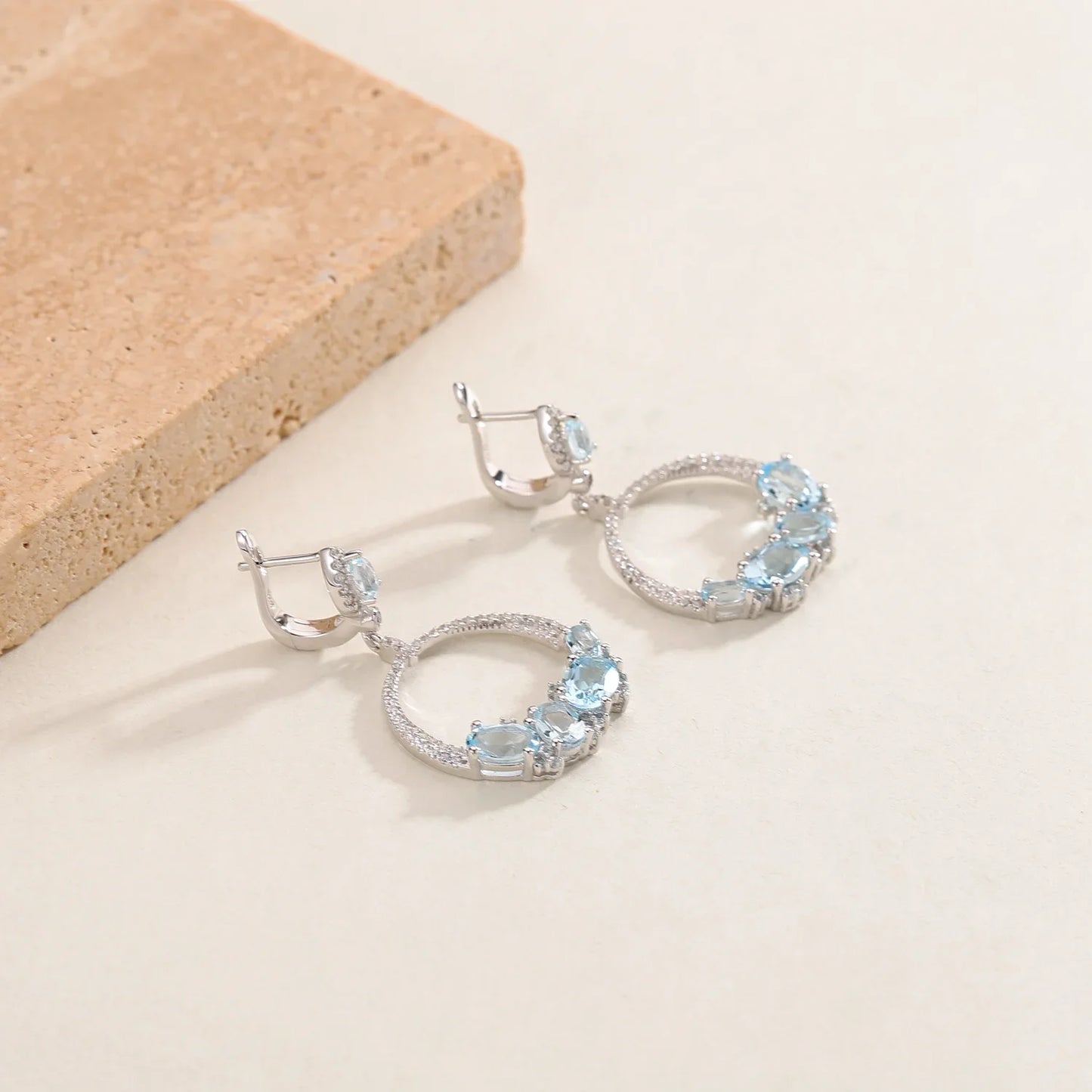 Luxury Topaz Jewelry Natural Sky Blue Topaz Statement Dangle Earrings 925 Sterling Silver Handmade Circle Earrings