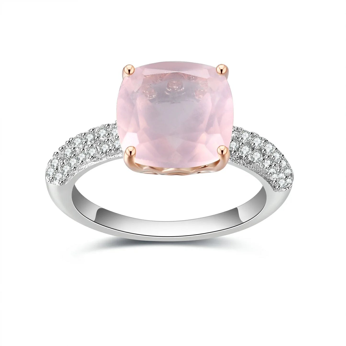*10mm Cushion Natural Rose Quartz Statement Ring 925 Sterling Silver Gemstone Candy Rings For Women Fine Jewelry