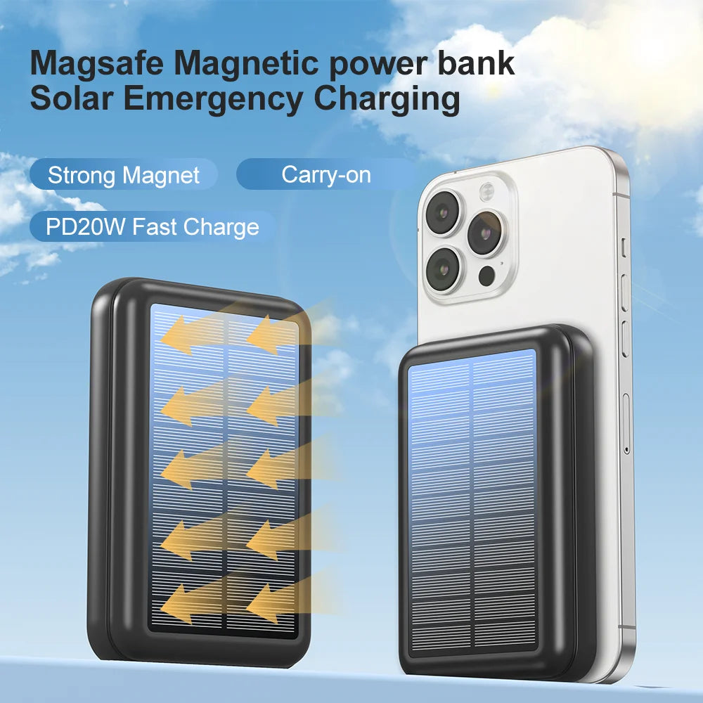 Solar Magnetic Power Bank Wireless& USB-C / USB Phone Char,ger w