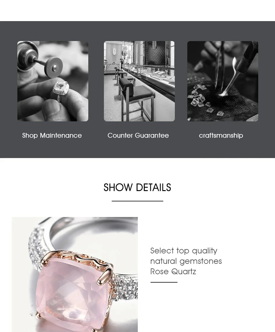 *10mm Cushion Natural Rose Quartz Statement Ring 925 Sterling Silver Gemstone Candy Rings For Women Fine Jewelry