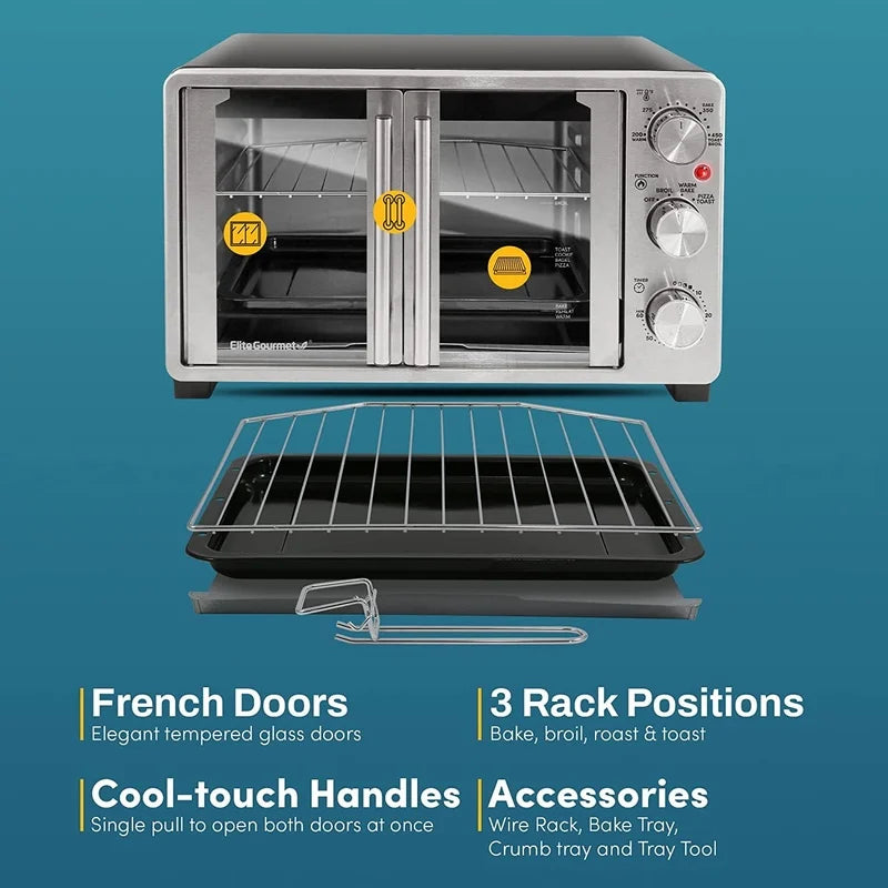 New Double French Door Toaster Oven 25L Convection Multi-Function Cook Bake Broil Toast Roast 1500W Adjustable Timer