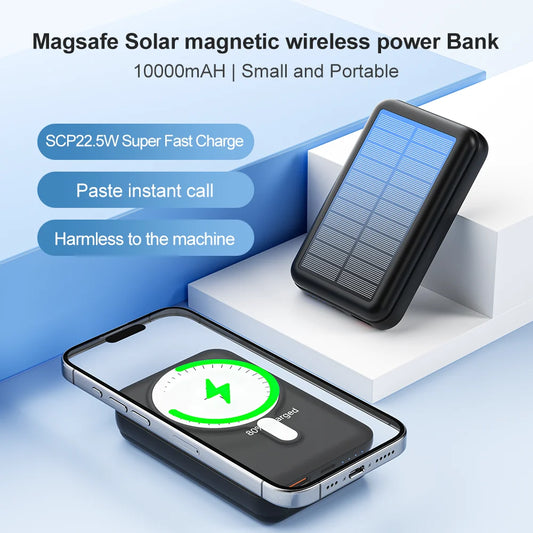 Solar Magnetic Power Bank Wireless& USB-C / USB Phone Char,ger w