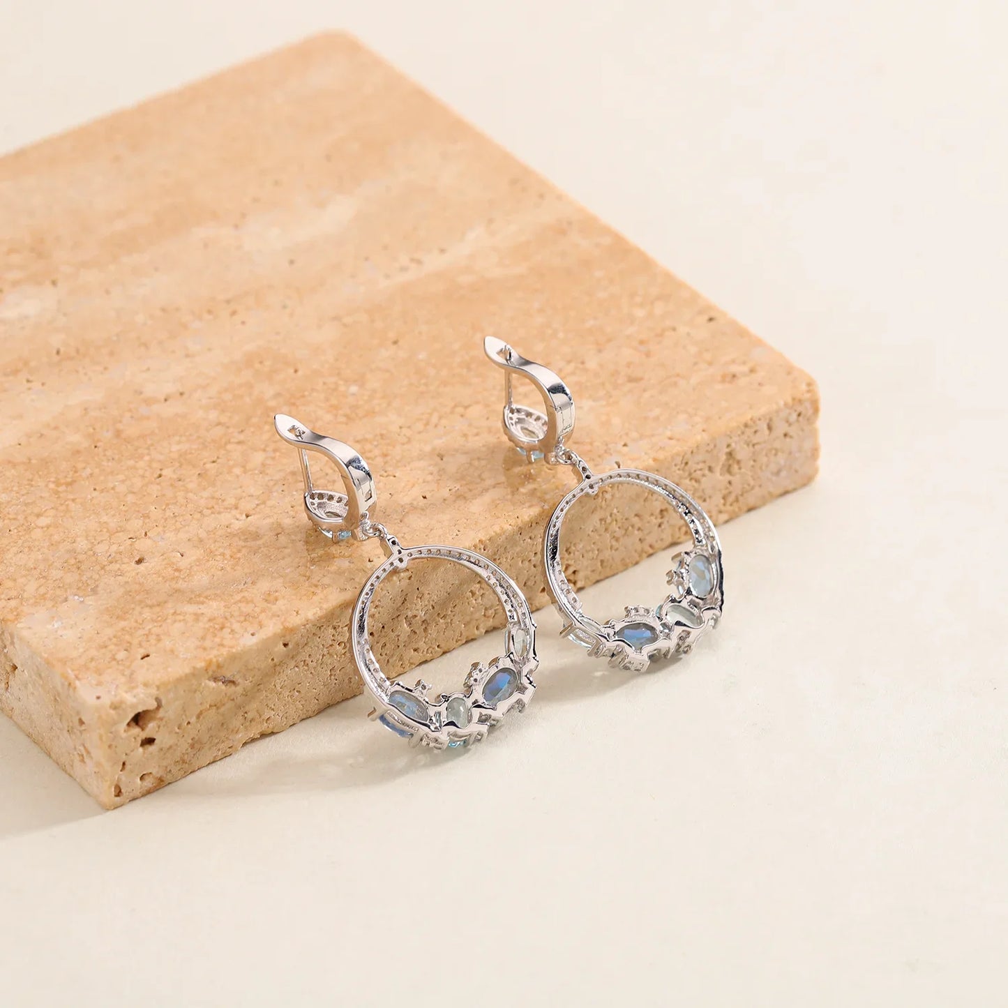 Luxury Topaz Jewelry Natural Sky Blue Topaz Statement Dangle Earrings 925 Sterling Silver Handmade Circle Earrings
