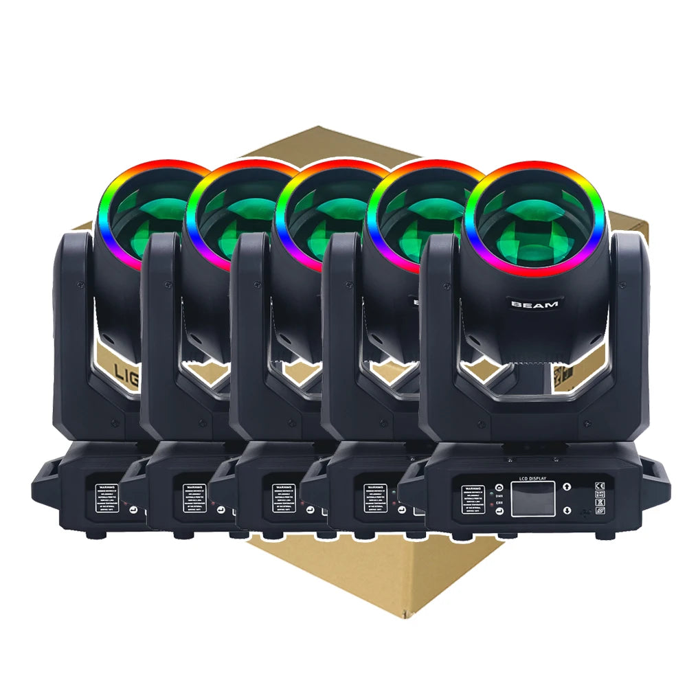 5Pcs 200W LED With Ring Beam Spot Moving Head Light With 18 Rotating Prism Rainbow Effect DMX512 Disco LightsParty CLub Stage