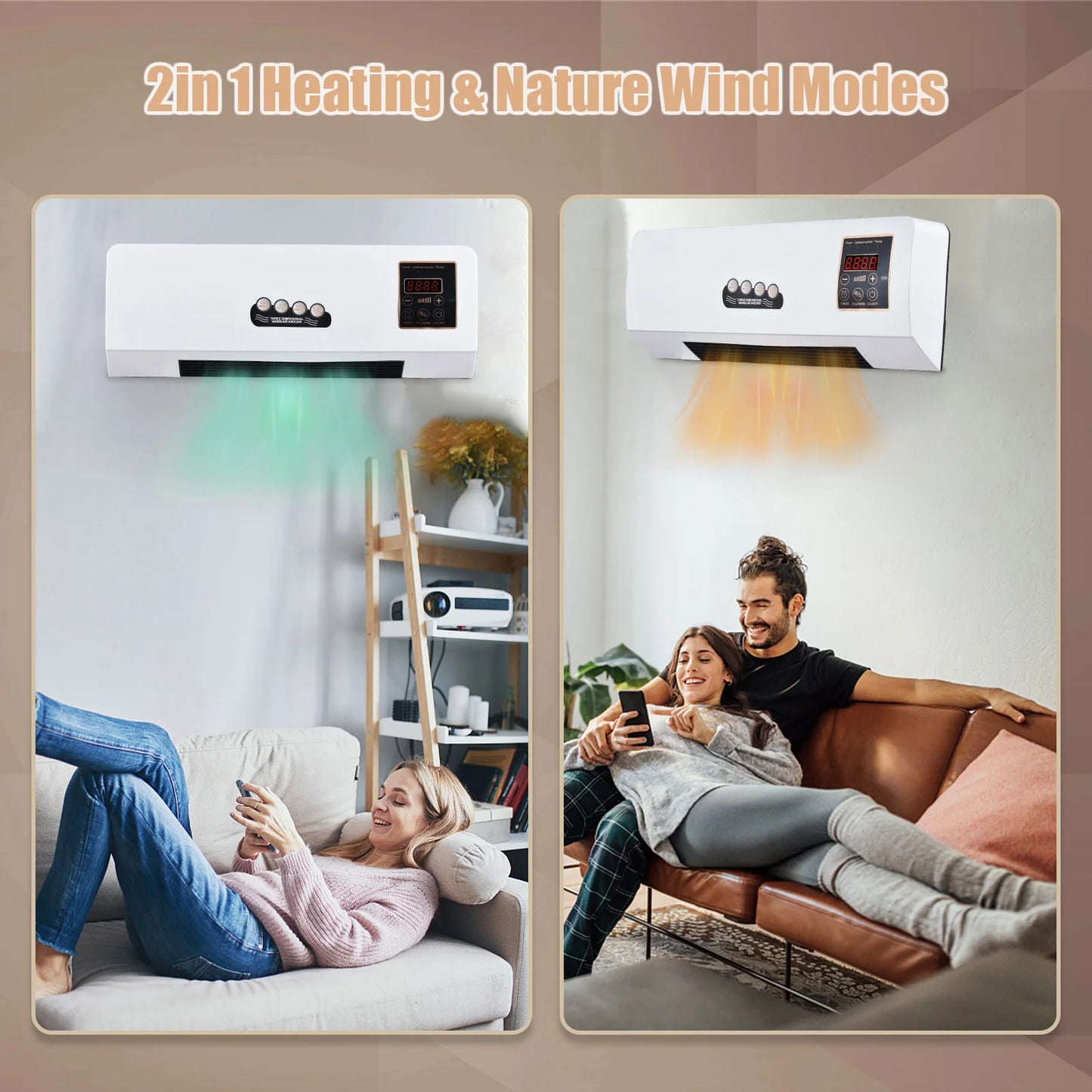 2-in-1 Heater and Fan Combo Timing Wall Mounted Electric Fan and Space Heater 1800W with Remote Control for Dormitory Home
