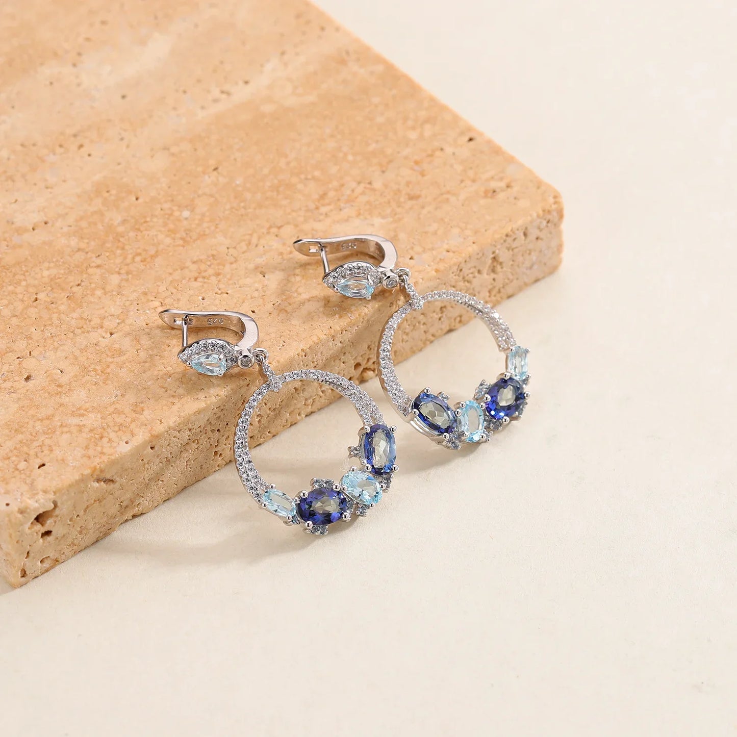 Luxury Topaz Jewelry Natural Sky Blue Topaz Statement Dangle Earrings 925 Sterling Silver Handmade Circle Earrings
