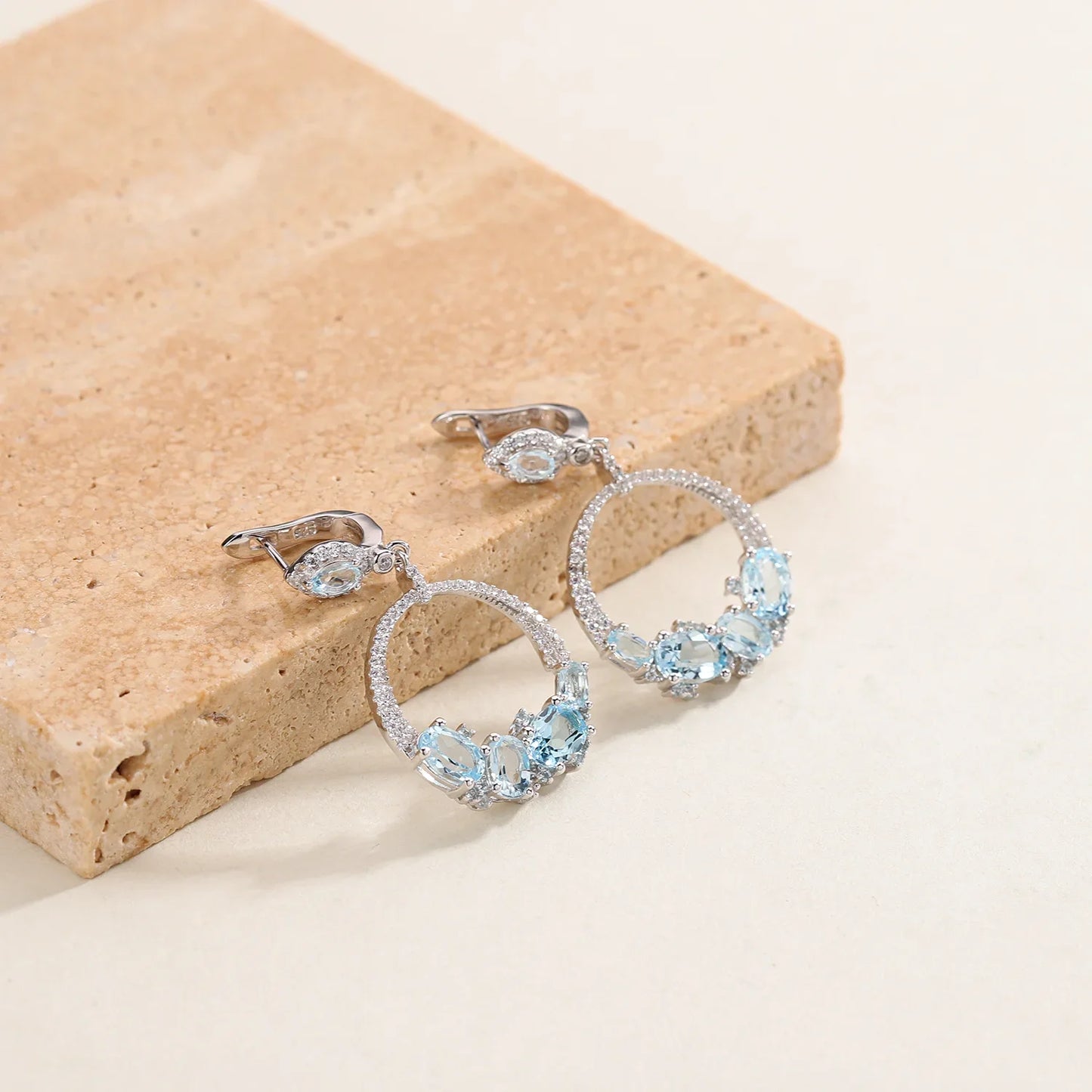Luxury Topaz Jewelry Natural Sky Blue Topaz Statement Dangle Earrings 925 Sterling Silver Handmade Circle Earrings