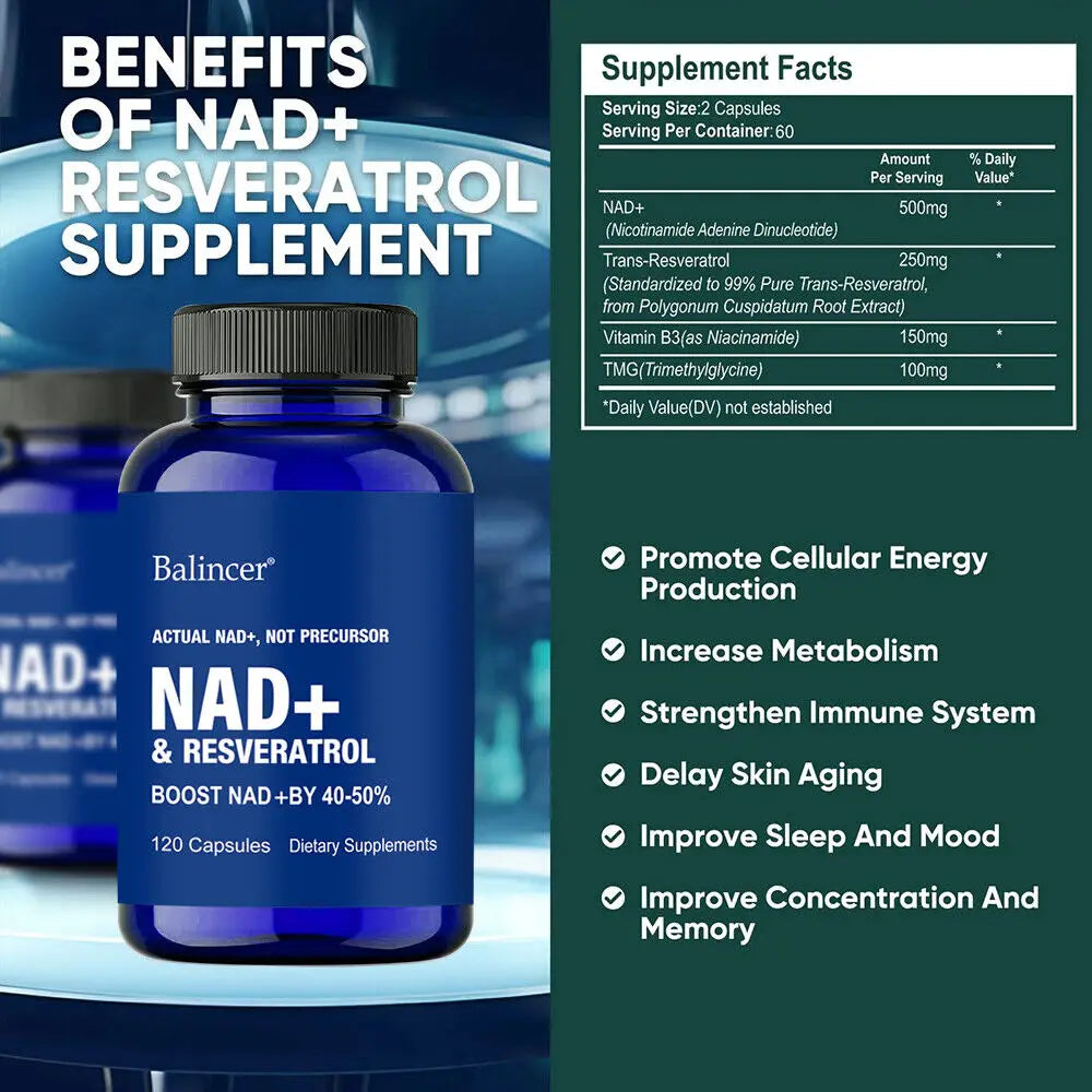 NAD Supplements, with Resveratrol + Vitamin B3,- Supports Cellular Health