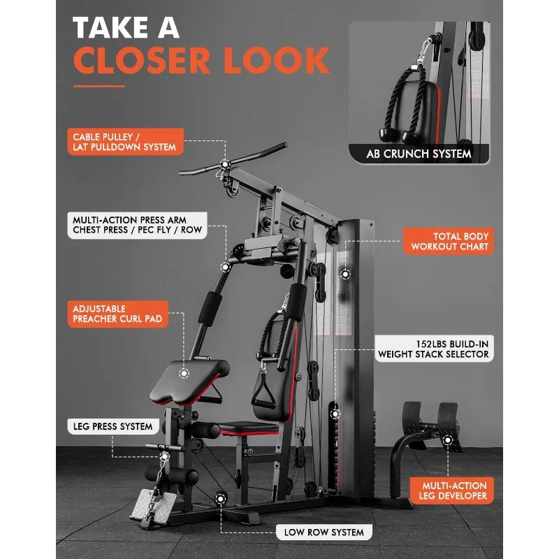 Home Gym Station with 150LBS Weight Stack, Multifunctional Home Gym Equipment,