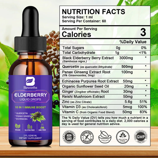 BEWORTHS Black Elderberry Drops with Vitamins C, D and Zinc Support Immunity and Heart Function Health Support Antioxidant