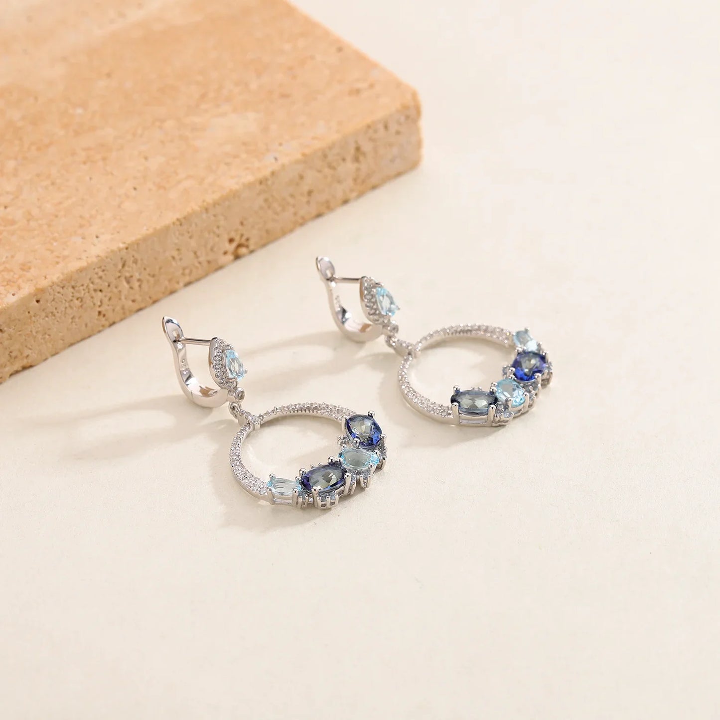Luxury Topaz Jewelry Natural Sky Blue Topaz Statement Dangle Earrings 925 Sterling Silver Handmade Circle Earrings