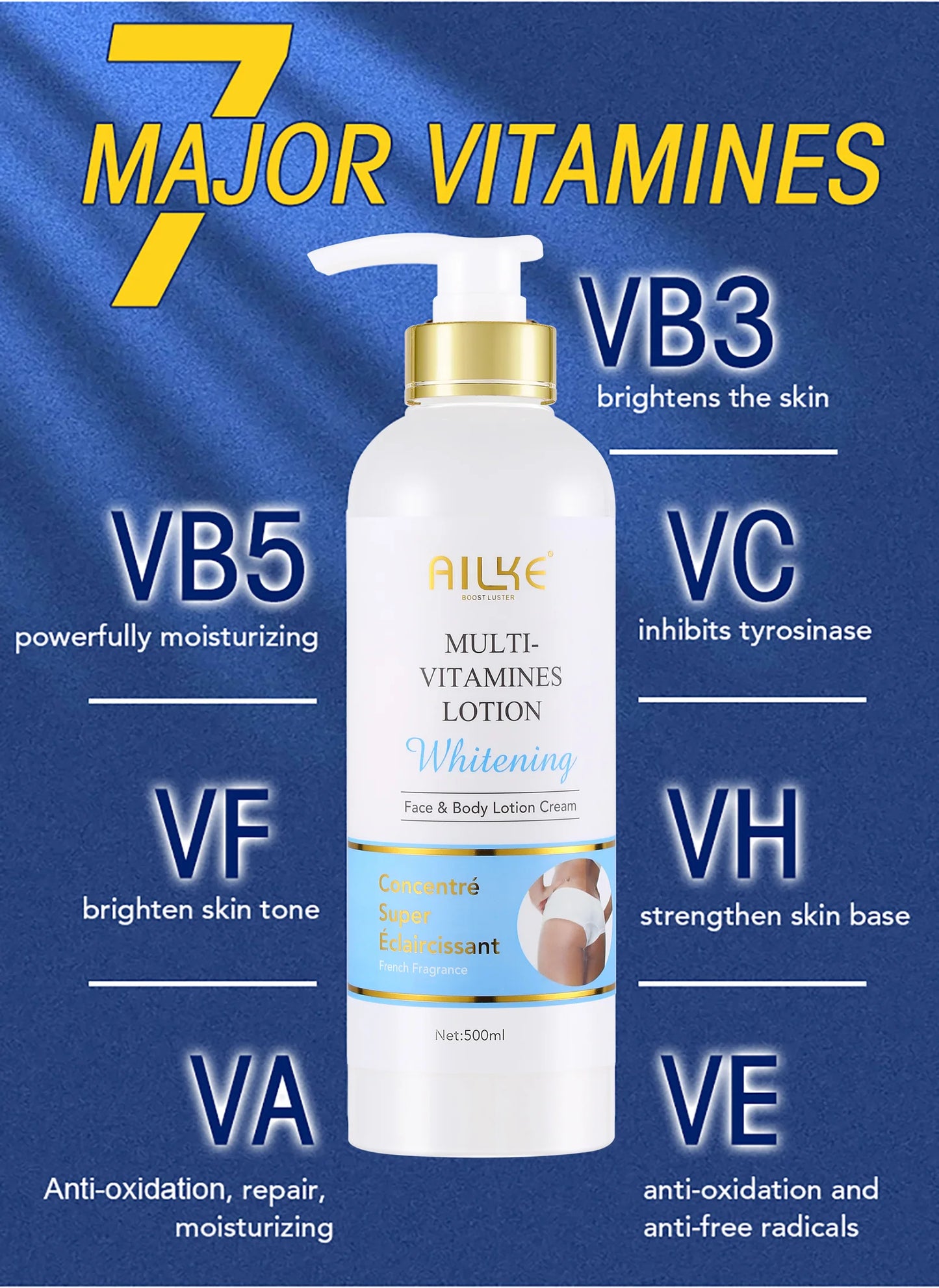 AILKE Multi Vitamin Brightening Body Lotion, Clean Skin With Vitamins A,E,B3,B5, Increase Radiance, Smooth, Moisturizer Cream