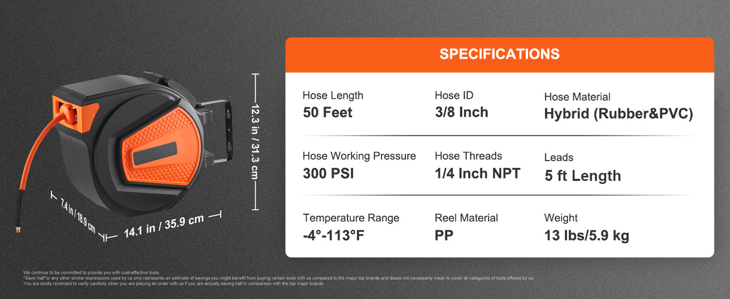 50 FT Retractable Air Hose Reel Wall-Mounted PVC Hose Automatic Rewinding Swivel Compressor for Automobile Maintenance