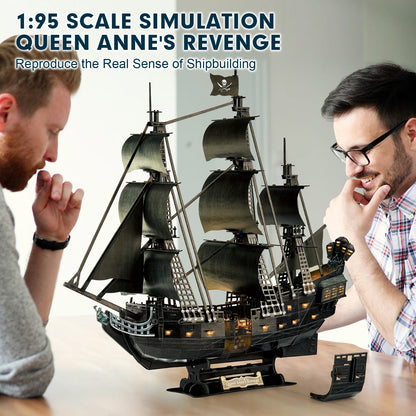 3D Puzzle for Adults LED Pirate Ship, Large Queen Anne's Revenge Desk Puzzles,