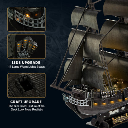 3D Puzzle for Adults LED Pirate Ship, Large Queen Anne's Revenge Desk Puzzles,