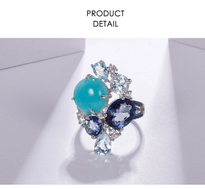 Sterling Silver Statement Rings Natural Amazonyte Blue Topaz Gemstone Candy Ring for Women Fine Jewelry