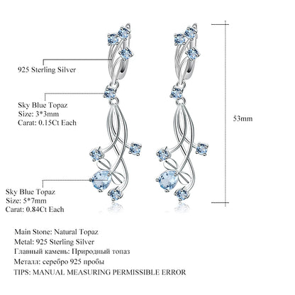 Flower Design 3.89t Natural Sky Blue Topaz Gemstone Drop Earrings For Bridal 925 Sterling Silver Wedding Jewelry