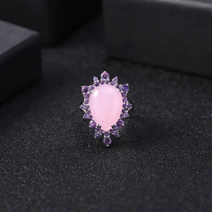 Natural Pink Calcedony Gemstone Ring 925 Sterling Silver Vintage Halo Cocktail  Rings for Women Fine Jewelry