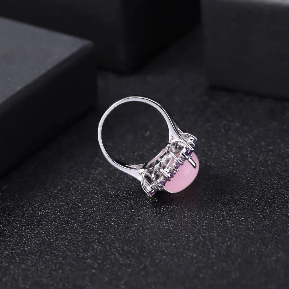 Natural Pink Calcedony Gemstone Ring 925 Sterling Silver Vintage Halo Cocktail  Rings for Women Fine Jewelry