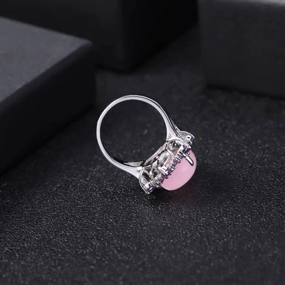 Natural Pink Calcedony Gemstone Ring 925 Sterling Silver Vintage Halo Cocktail  Rings for Women Fine Jewelry