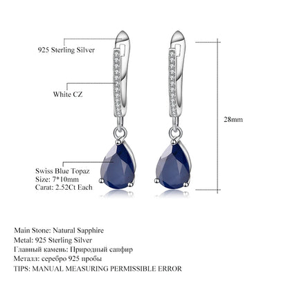 Natural Blue Sapphire Gemstone Drop Earrings 925 Sterling Silver Fine Jewelry For Women Wedding