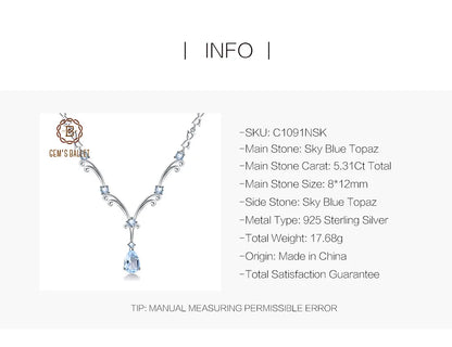 Natural Sky Blue Topaz Gemstone Pendant Necklace for Women Luxury 925 Sterling Silver Vintage Fine Jewelry