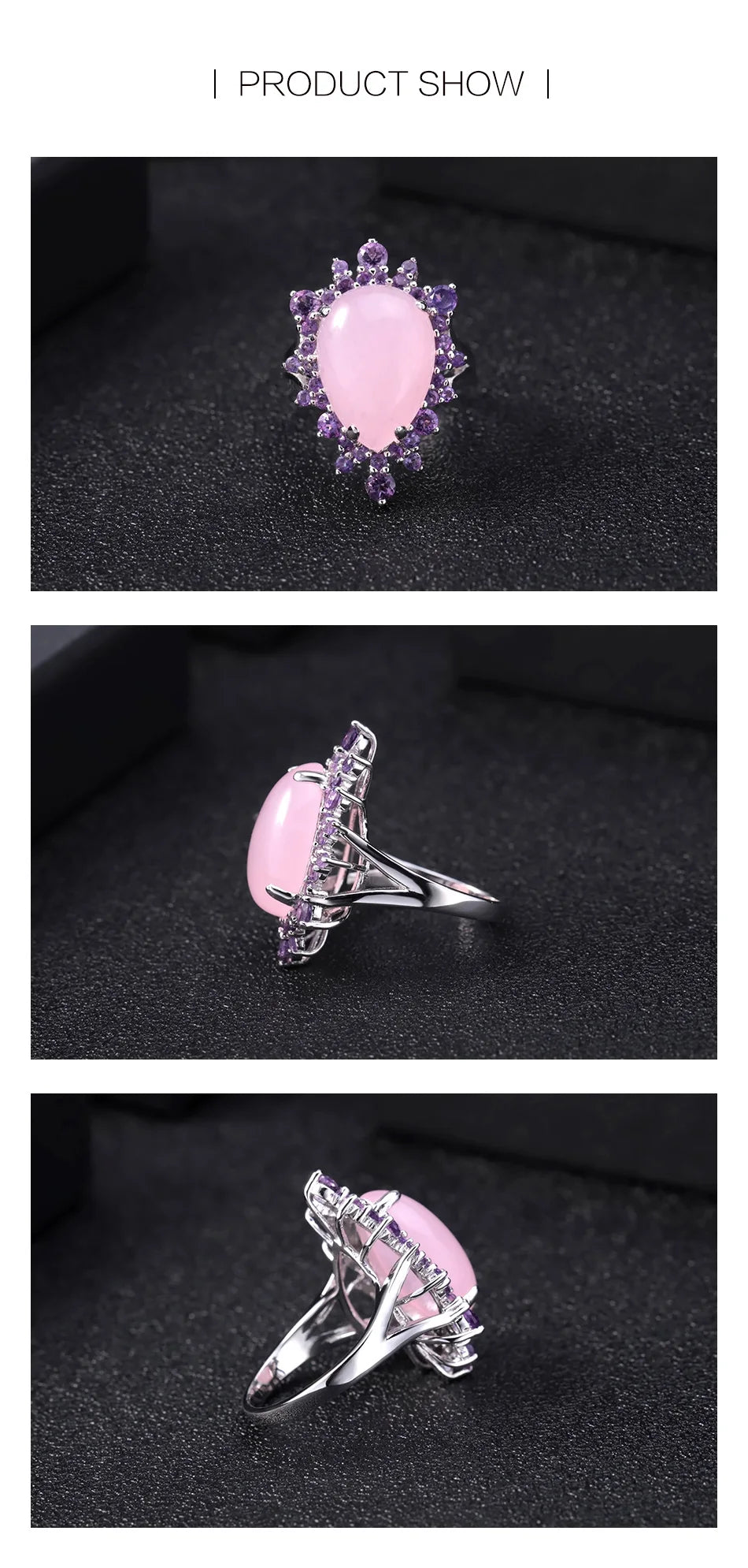 Natural Pink Calcedony Gemstone Ring 925 Sterling Silver Vintage Halo Cocktail  Rings for Women Fine Jewelry