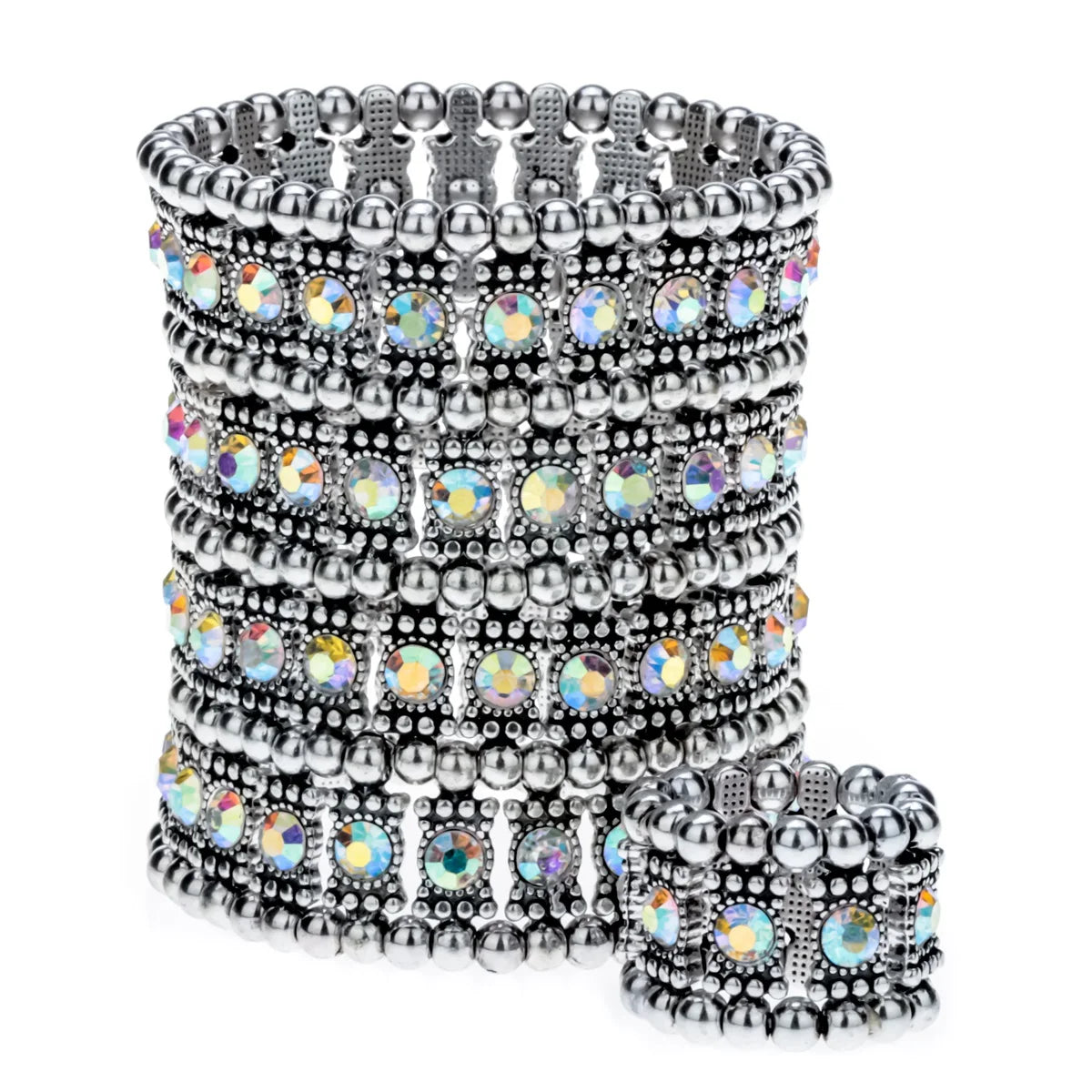 Multilayer stretch cuff bracelet ring sets wedding bridal crystal jewelry women her wife mom girlfriend gifts