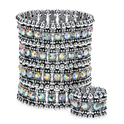 Multilayer stretch cuff bracelet ring sets wedding bridal crystal jewelry women her wife mom girlfriend gifts