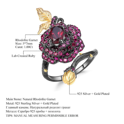 tNatural Rhodolite Garne Rose Flower Ring 95 Sterling Silver Handmade Adjustable Open Ring for Women Bijoux