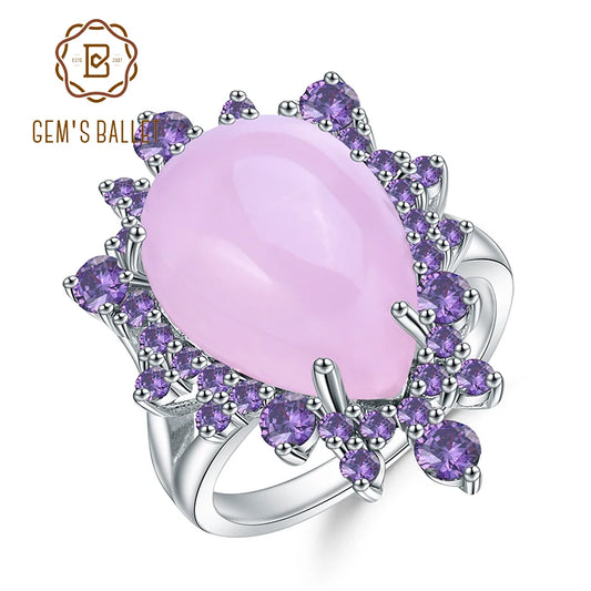 Natural Pink Calcedony Gemstone Ring 925 Sterling Silver Vintage Halo Cocktail  Rings for Women Fine Jewelry