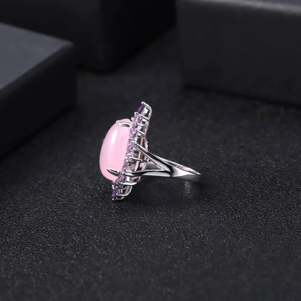 Natural Pink Calcedony Gemstone Ring 925 Sterling Silver Vintage Halo Cocktail  Rings for Women Fine Jewelry