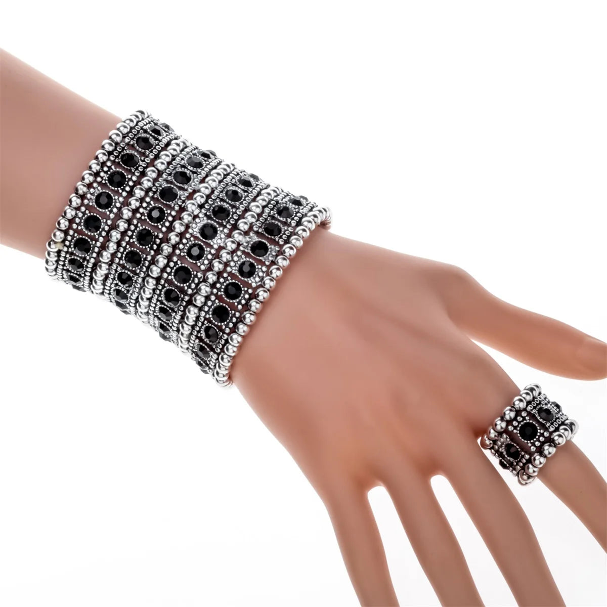 Multilayer stretch cuff bracelet ring sets wedding bridal crystal jewelry women her wife mom girlfriend gifts