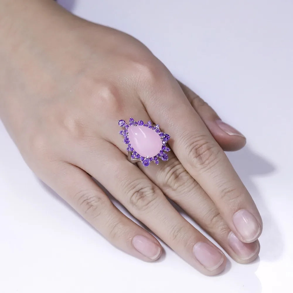 Natural Pink Calcedony Gemstone Ring 925 Sterling Silver Vintage Halo Cocktail  Rings for Women Fine Jewelry