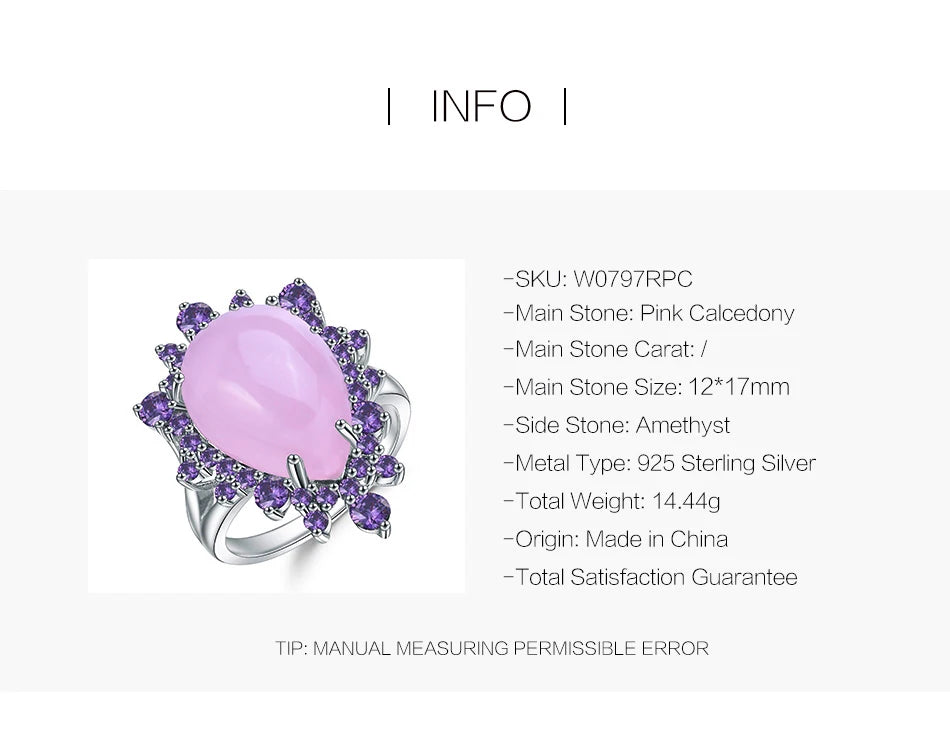 Natural Pink Calcedony Gemstone Ring 925 Sterling Silver Vintage Halo Cocktail  Rings for Women Fine Jewelry