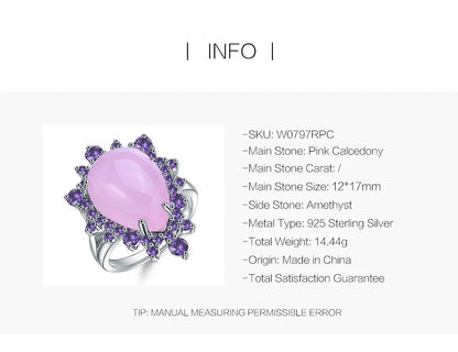 Natural Pink Calcedony Gemstone Ring 925 Sterling Silver Vintage Halo Cocktail  Rings for Women Fine Jewelry