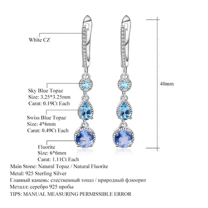 Natural  Color-Change Fluorite Mix Gemstone Drop Earrings 100% Genuine 925 sterling silver Fine Jewelry For Women