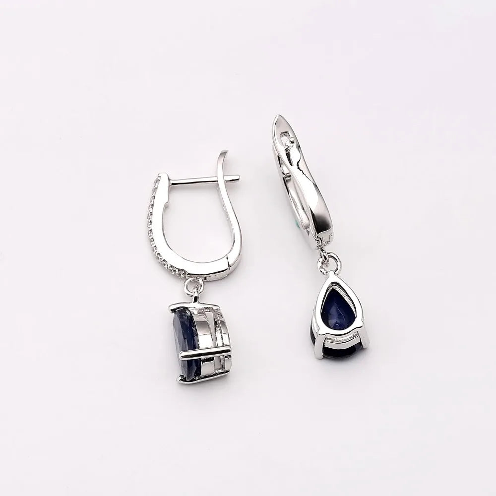 Natural Blue Sapphire Gemstone Drop Earrings 925 Sterling Silver Fine Jewelry For Women Wedding