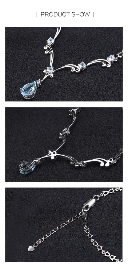 Natural Sky Blue Topaz Gemstone Pendant Necklace for Women Luxury 925 Sterling Silver Vintage Fine Jewelry