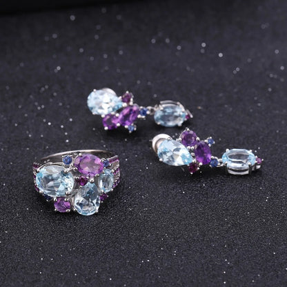 Natural Sky Blue Topaz Amethyst Rings Fine Jewelry 925 Sterling Silver Gemstone Candy Ring for Women Bijoux