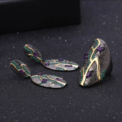 Georgia O'keeffe Leaf Ring 0.80Ct Natural Amethyst 925 Sterling Silver Handmade Finger Rings for Women Bijoux