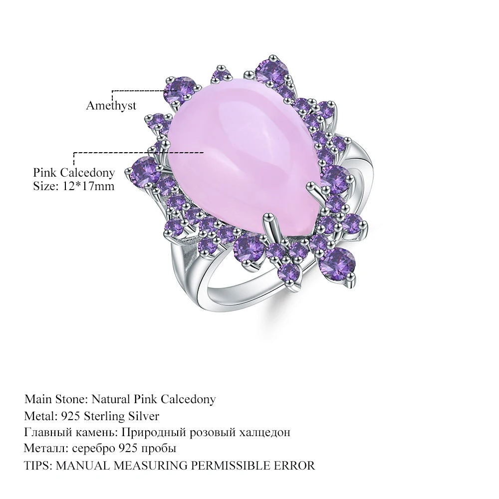 Natural Pink Calcedony Gemstone Ring 925 Sterling Silver Vintage Halo Cocktail  Rings for Women Fine Jewelry